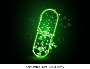 Cápsula de neón abstracta, píldora con moléculas. El concepto de medicina, salud, farmacia y ciencia moderna. Ilustración vectorial para su diseño.