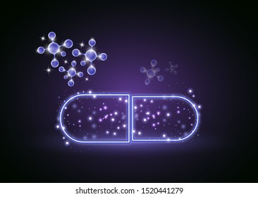 Abstract neon capsule, pill with molecules. The concept of medicine, healthcare, pharmacy and modern science. Vector illustration for your design.