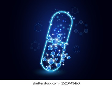 Abstract neon capsule, pill with molecules. The concept of medicine, healthcare, pharmacy and modern science. Vector illustration for your design.