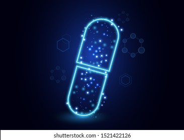 Abstract neon capsule, pill with molecules. The concept of medicine, healthcare, pharmacy and modern science. Vector illustration for your design.