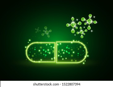 Abstract neon capsule, pill with molecules. The concept of medicine, healthcare, pharmacy and modern science. Vector illustration for your design.