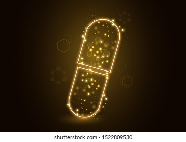 Abstract neon capsule, pill with molecules. The concept of medicine, healthcare, pharmacy and modern science. Vector illustration for your design.