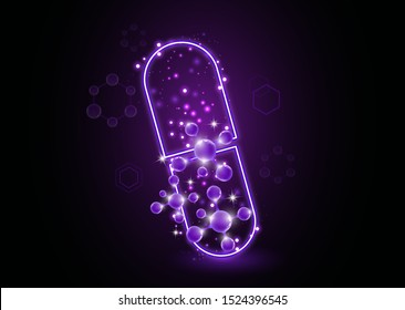 Cápsula de neón abstracta, píldora con moléculas. El concepto de medicina, salud, farmacia y ciencia moderna. Ilustración vectorial para su diseño.