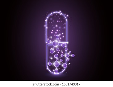 Abstract neon capsule, pill with molecules. The concept of medicine, healthcare, pharmacy and modern science. Vector illustration for your design.