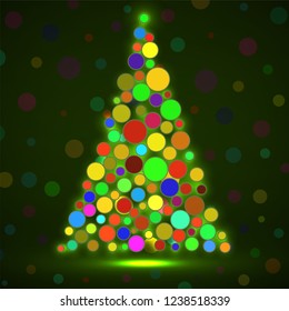 Abstract neon christmas tree of colorful circles. Vector