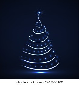 Abstract neon Christmas tree with glowing stars and strips. Vector