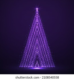 Abstract neon Christmas tree of glowing particles. Vector Illustration