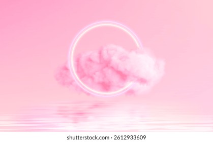 Abstract Neon Circle and Pink Cloud Digital Art Design. Digital illustration featuring a luminous neon circle hovering in tandem with a floating pink cloud, set against a dreamy pink toned background.