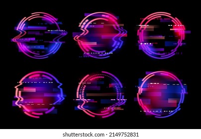 Abstract neon circle rings or glitch frames, futuristic technology vector background. Glitch light effect in round neon circles, digital distortion and TV signal error on screen display