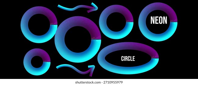 Abstractas círculos de neón y flechas sobre fondo negro Diseño gráfico vibrante