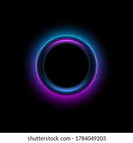 Abstract Neon Circles Banner. Techno Frame With Glowing On Black Backdrop. Vector Illustration.