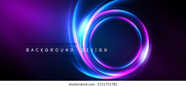 Abstractas círculos de neón sobre fondo oscuro. Los vibrantes tonos morados y azules crean un efecto visual dinámico. El texto lee el diseño de fondo.