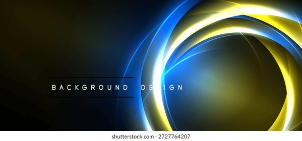Abstractas círculos de neón sobre fondo oscuro. La luz azul y amarilla brillante crea un efecto visual dinámico. El texto lee el diseño de fondo.