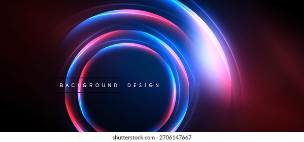 Abstractas círculos de neón se superponen al fondo oscuro. Los colores vibrantes crean un efecto visual futurista y dinámico. El diseño presenta líneas brillantes, Gradientes.