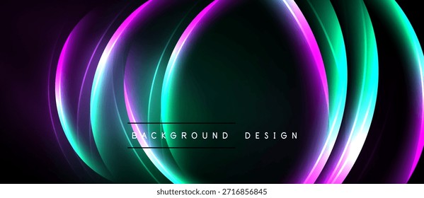 Abstractas círculos de neón se superponen al fondo oscuro. Los colores vibrantes crean un efecto visual dinámico. Elemento de diseño moderno para proyectos digitales.