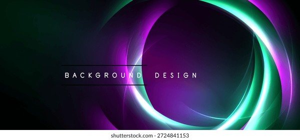 Abstract neon circles overlap dark background. Vibrant green, purple hues create dynamic visual effect. Text reads background design.