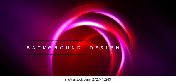 Círculos de néon abstratos se sobrepõem ao fundo escuro. Tons rosa vibrante e vermelho criam um efeito visual dinâmico. O texto lê o design do plano de fundo.