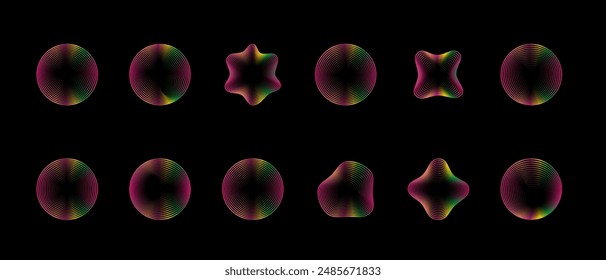 Abstrakte Neonkreise gesetzt. Gradiente kreisförmige Rahmen mit wellenförmigen dynamischen Kurvenlinien leuchten den Kopierraum des Effekts. Vektorgrafik-Logo auf Dunkelheit.