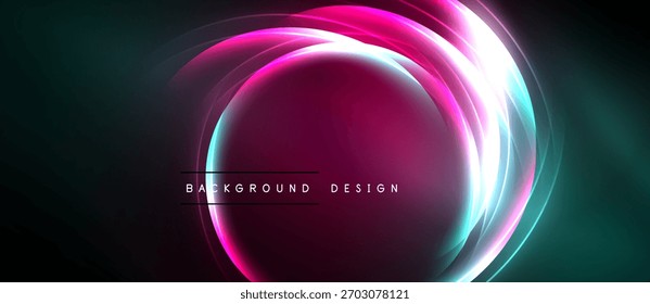 Abstractas círculos de neón, rosas vibrantes, azules, blancos. El fondo oscuro crea un efecto visual dramático. Elemento de diseño moderno.