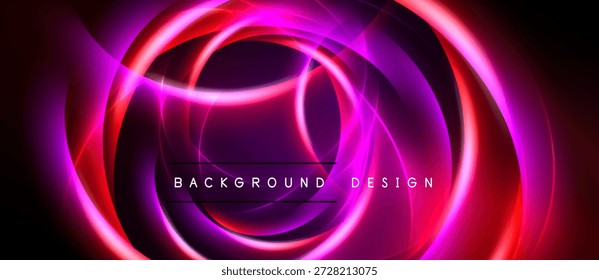 Círculos de néon abstratos, rosas vibrantes, roxas. Fundo escuro cria efeito brilhante. Elemento de design moderno para projetos digitais.