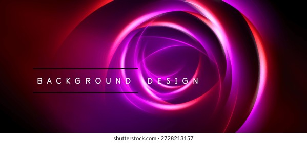 Abstract neon circles, vibrant red purple gradients. Text reads background design centered within glowing shapes. Dark edges frame composition.