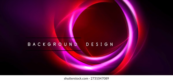 Abstractas círculos de neón, vibrantes tonos rojo púrpura. Elemento de diseño moderno, fondo oscuro crea un efecto dramático. Simple superposición de texto presente.
