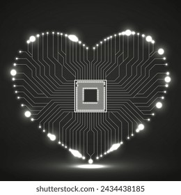 Abstract neon circuit board in shape of heart, technology background, vector illustration