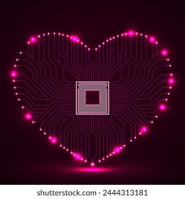 Abstrakte Neon-Platine in Herzform, Technologie Hintergrund, Vektorillustration