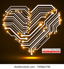 Abstract neon circuit board in shape heart, technology background, vector illustration eps10