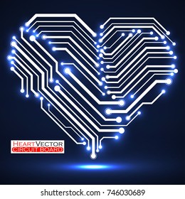 Abstract neon circuit board in shape heart, technology background, vector illustration eps10