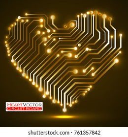Abstract neon circuit board in shape heart, technology background, vector illustration eps10