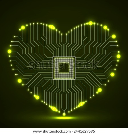 Abstract neon circuit board in shape of heart, technology background, vector illustration