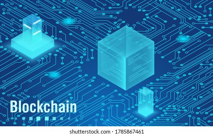 Abstract neon color blockchain isometric concept banner. Digital Technology blocks connection with each other and shapes crypto chain. Abstract technology background. Vector illustration.