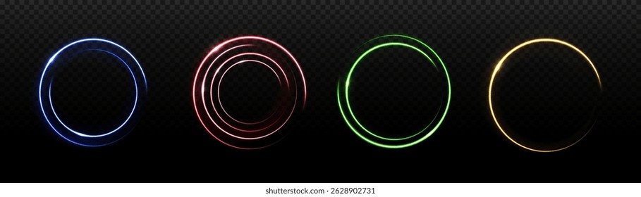 Abstract neon color glowing lines background. The energy flow tunnel. Set of neon blurry light circles at motion. Futuristic colorful podium, platform.
