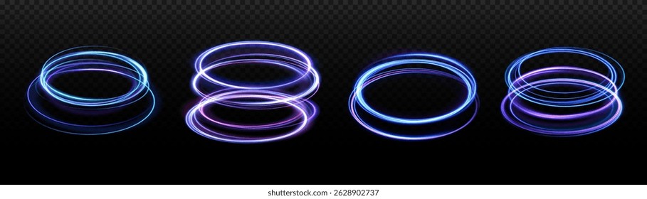 Abstract neon color glowing lines background. The energy flow tunnel. Set of neon blurry light circles at motion. Futuristic colorful podium, platform.