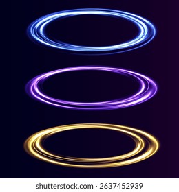 Abstract neon color glowing lines background. The energy flow tunnel. Set of neon blurry light circles at motion. Futuristic colorful podium, platform.
