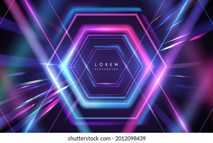 Abstract neon color hexagonal lines background with motion effect