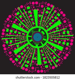 An abstract neon colored circular burst pattern.