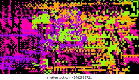 Abstract neon colorful background with 8-bit glitches.