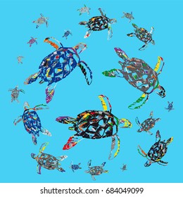 Abstract neon colorful turtles vector pattern. Digital colorful illustration for print, paper, textile