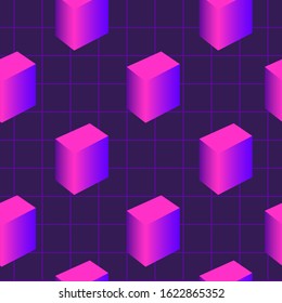 Abstract neon cube shapes seamless pattern. Geometric elements laser grid background. Vector wallpaper.	