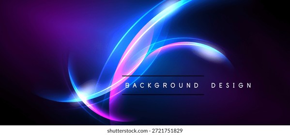Las Abstractas curvas de neón crean un fondo dinámico. Los tonos púrpuras y azules dominan el espacio oscuro. Elemento de diseño moderno.