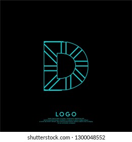 abstract neon D logo letter lines in cyan color design concept