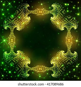 Abstract neon decorative frame on dark green gradient background with yellow glittering stars and lights