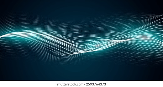 Abstract neon dynamic wave of particles. Network of neon dots. Big data. Digital background. Vector