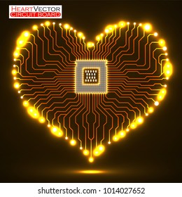Abstract neon electronic circuit board with cpu in shape of heart, technology background, vector illustration eps 10