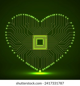 Abstrakte elektronische Schalttafel in Form von Herz, technischem Hintergrund, Vektorgrafik