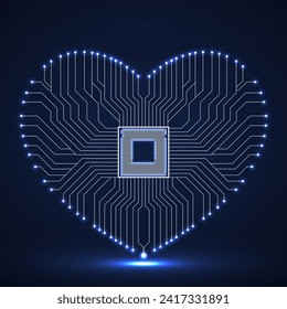 Abstrakte elektronische Schalttafel in Form von Herz, technischem Hintergrund, Vektorgrafik