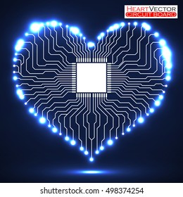 Abstract neon electronic circuit board in shape of heart, technology background, vector illustration eps 10