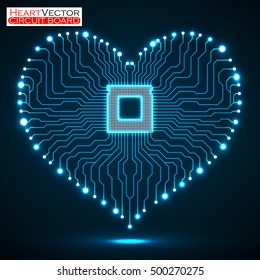 Abstract neon electronic circuit board in shape of heart, technology background, vector illustration eps 10